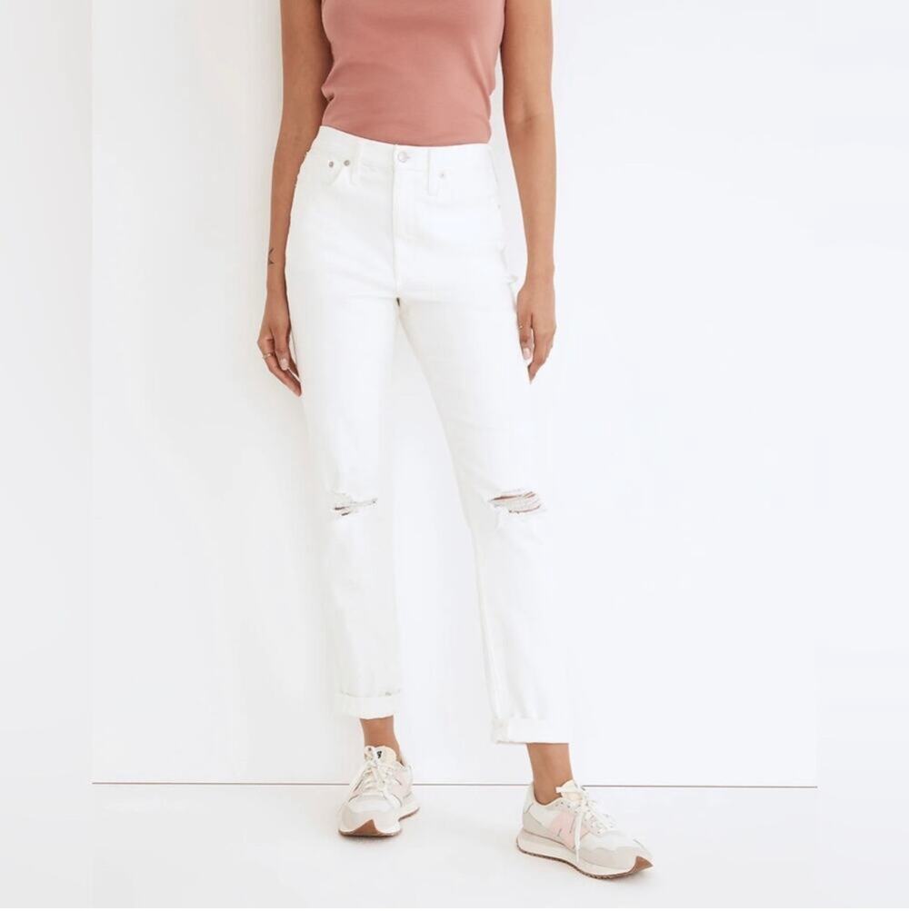 Madewell Jeans Womens 27 White Slim Boyjean High Rise Tile Cuffed Distressed